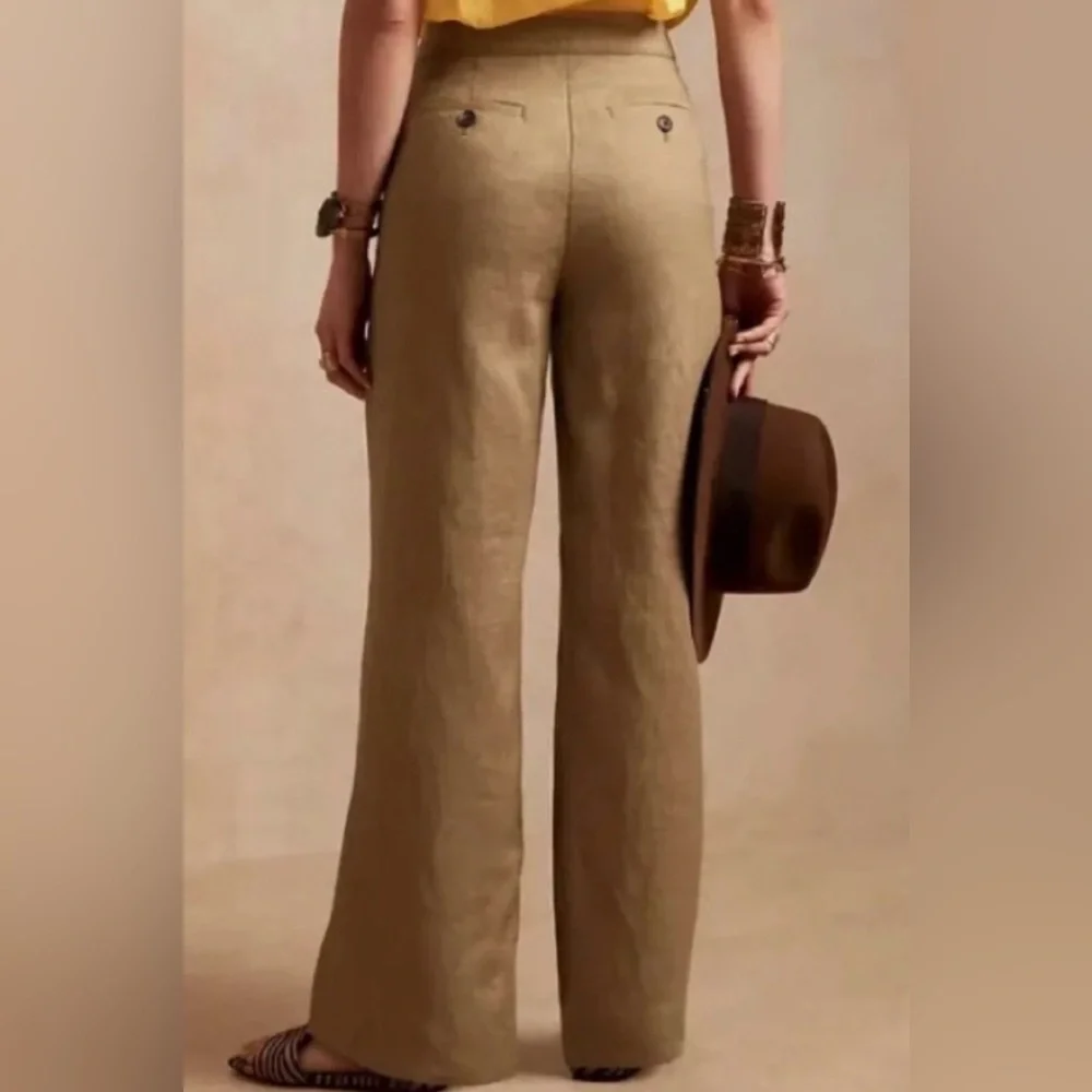 Banana Republic Linen Wide Leg High Rise Trousers Tan Khaki Women‘s Pants Size 4